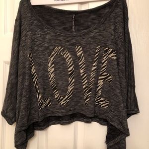 Dark gray “LOVE” flow-y top